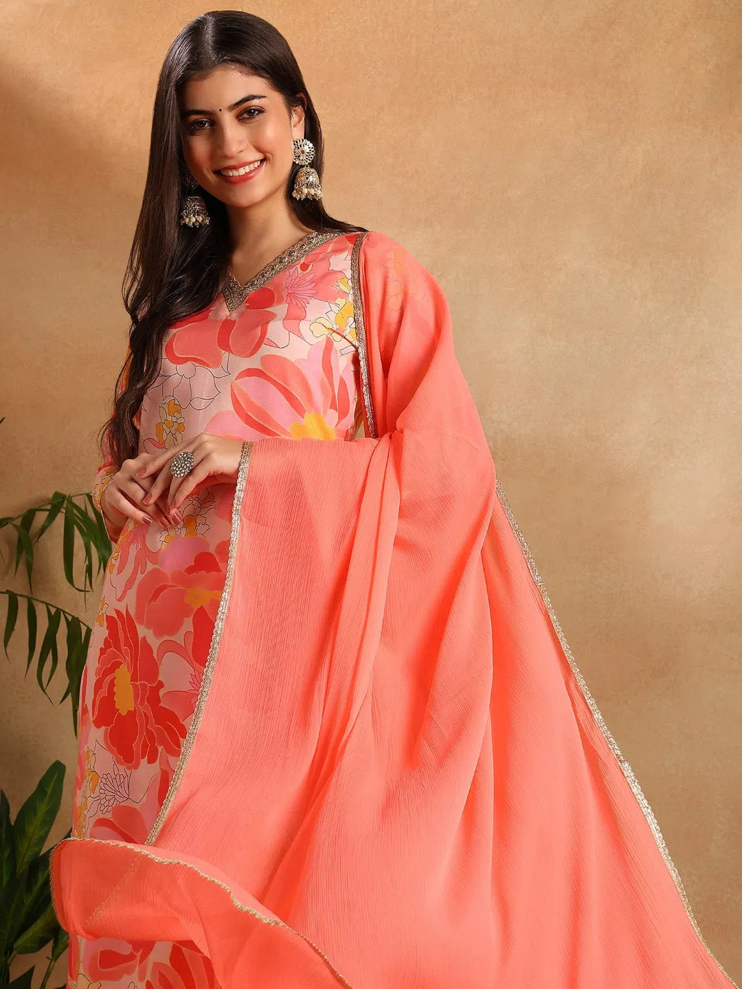 Ahika Women Peach Rayon Blend Floral Printed Straight Kurta Trousers With Dupatta-PKSKD2477 Trousers luxurious high-end Ahika Women Peach Rayon Blend Floral Printed Straight Kurta Trousers With Dupatta-PKSKD2477 Trousers luxurious high-end