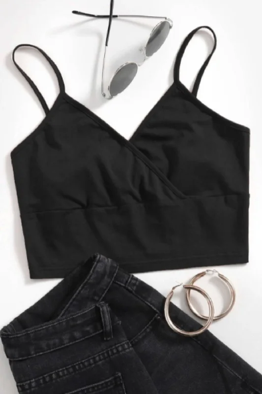 Wrap Neck Crop Top Black Chenille Blend Fleece Blend Nylon Blend