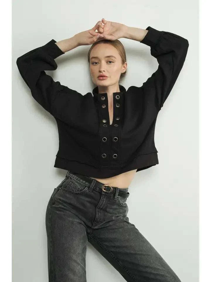 Eyelet High Neck Sweatshirt Hoodie with Hem Detail Decorative Unique