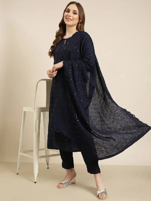 Women Straight Navy Blue Solid Kurta and Trousers Set Comes With Dupatta-AT-A1384-KPD-Navyblue Trousers Chinos Classic Women Straight Navy Blue Solid Kurta and Trousers Set Comes With Dupatta-AT-A1384-KPD-Navyblue Trousers Chinos Classic
