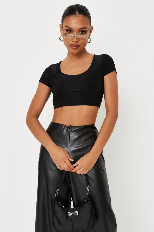 Black Slinky Open Tie Back Crop Top Chenille Blend Fleece Blend Nylon Blend