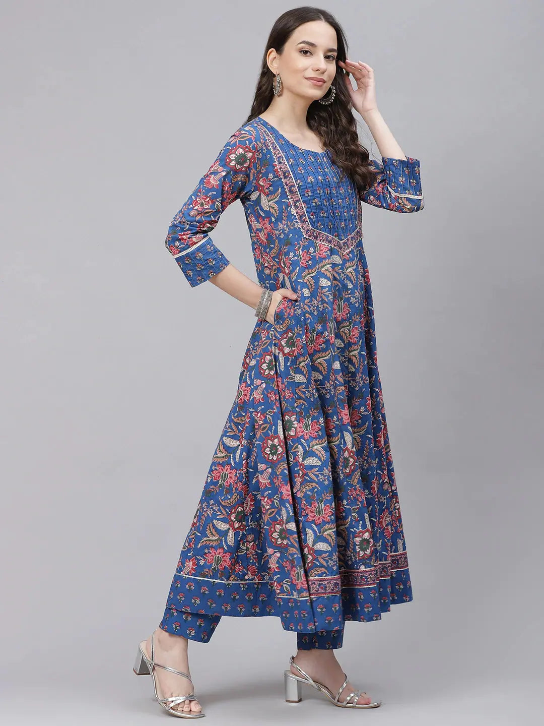 Ahika Women Blue Pink Ethnic Motifs Print Pure Cotton Kurta With Trousers Dupatta Trousers stylish elegant Ahika Women Blue Pink Ethnic Motifs Print Pure Cotton Kurta With Trousers Dupatta Trousers stylish elegant