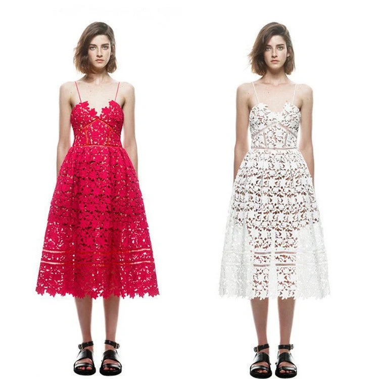 Handmade White/Red Deep V-neck Flower Lace Dress Runway Elegant Dresses Hollow Out Long Dress Shoulder-Straps Handmade White/Red Deep V-neck Flower Lace Dress Runway Elegant Dresses Hollow Out Long Dress Shoulder-Straps