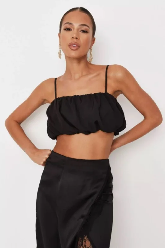 Cute Black Puff Cami Crop Top Elasticated Padded Insulated