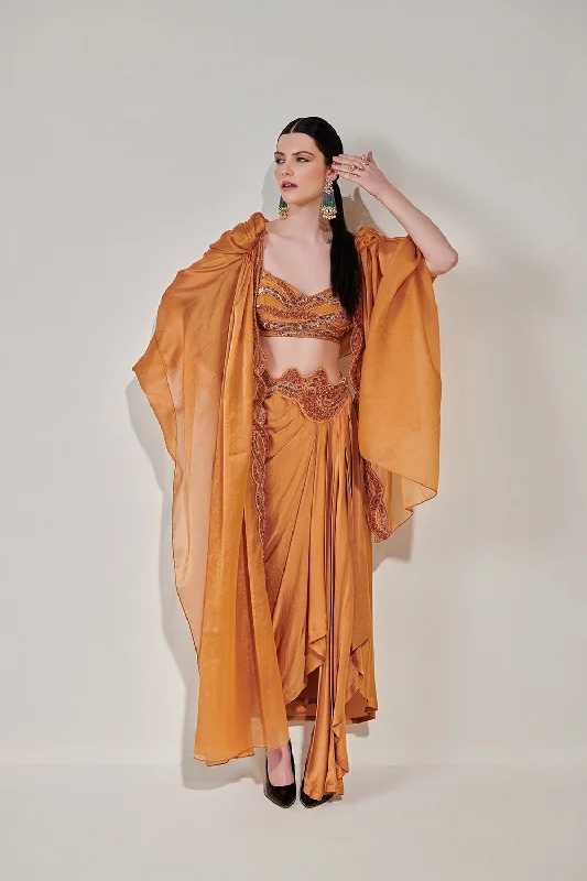 Honey Mustard Cowl Cape Set With Asymmetricdrape Skirt silk skirt smooth