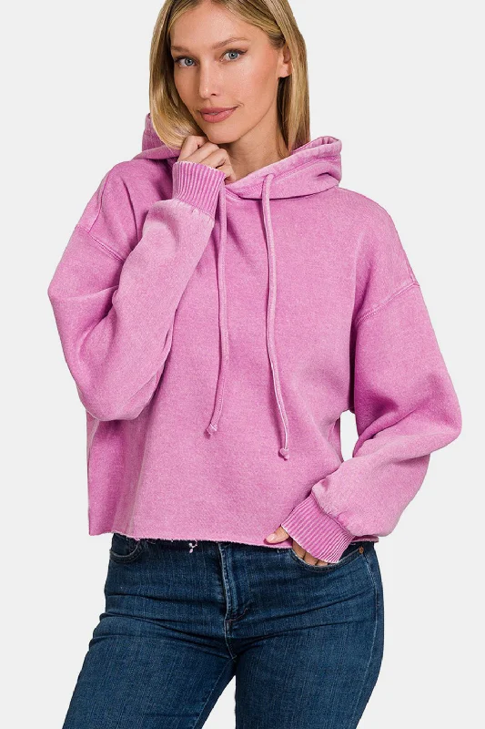 Hazel Blues® | Zenana Acid Wash Fleece Cropped Hoodie Hoodie with Lace Feminine Delicate Hazel Blues® | Zenana Acid Wash Fleece Cropped Hoodie Hoodie with Lace Feminine Delicate