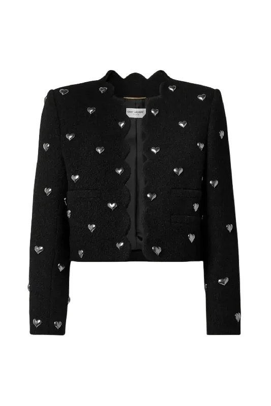 Cropped Embellished Bouclé Jacket In Black Jacket Blazer Coat