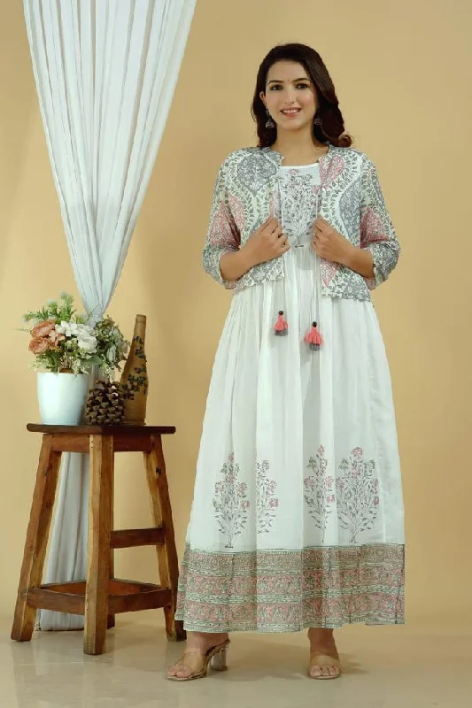 White Printed Cotton Anarkali with Jacket Cotton Fabric Linen Fabric Terry Fabric