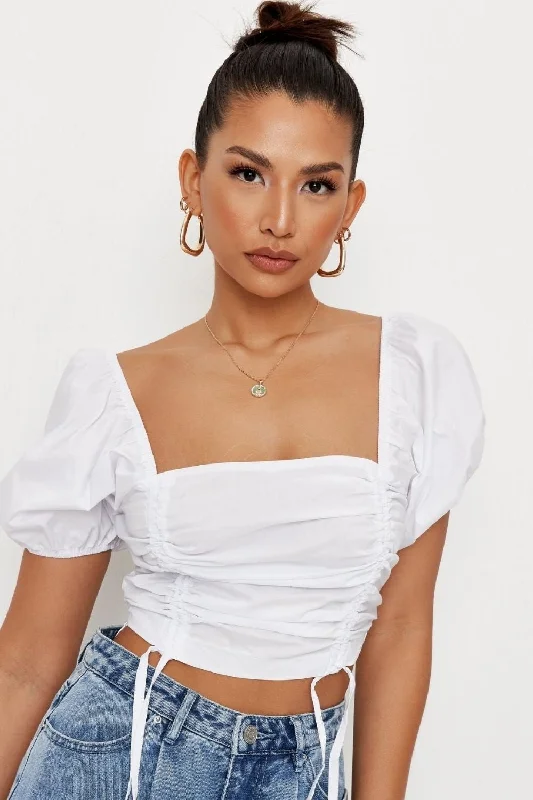 White Poplin Ruched Front Crop Top Cashmere Blend Cotton Blend Poly Blend