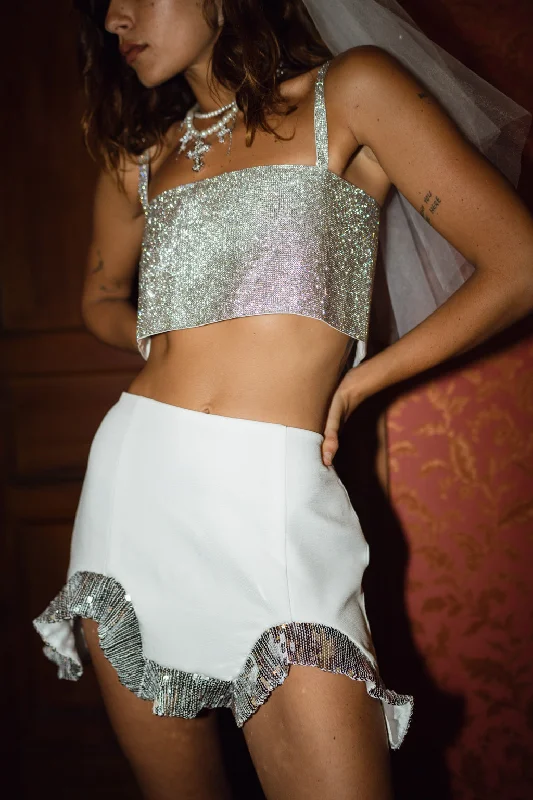 Encore White Sequin Ruffle Micro Mini Skirt lightweight skirt design
