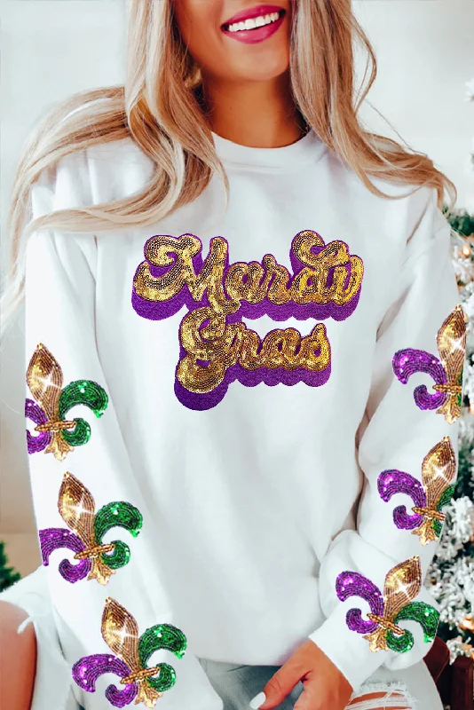 Beige Sequin Mardi Gras Patched Pattern Fleur de Lis Sleeve Sweatshirt Zip Hoodie Drawstring Kangaroo Pocket Beige Sequin Mardi Gras Patched Pattern Fleur de Lis Sleeve Sweatshirt Zip Hoodie Drawstring Kangaroo Pocket