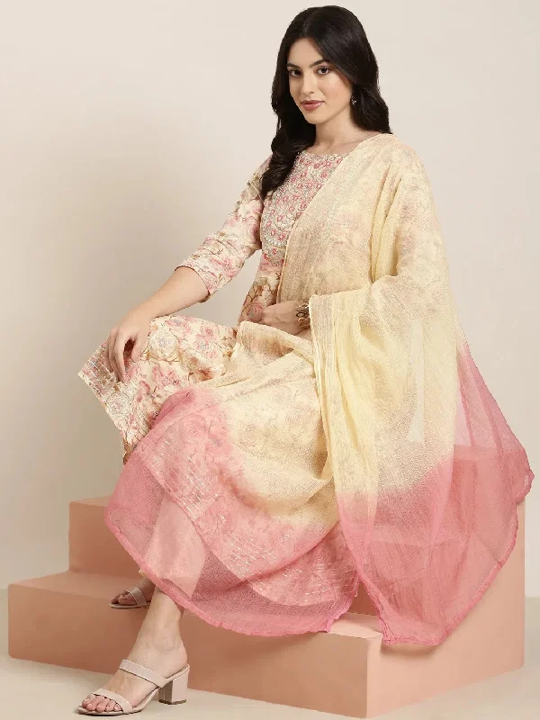 Women Anarkali Cream Floral Kurta and Trousers Set Comes With Dupatta-BC-SK-1789-Cream Trousers Evening Elegant Women Anarkali Cream Floral Kurta and Trousers Set Comes With Dupatta-BC-SK-1789-Cream Trousers Evening Elegant