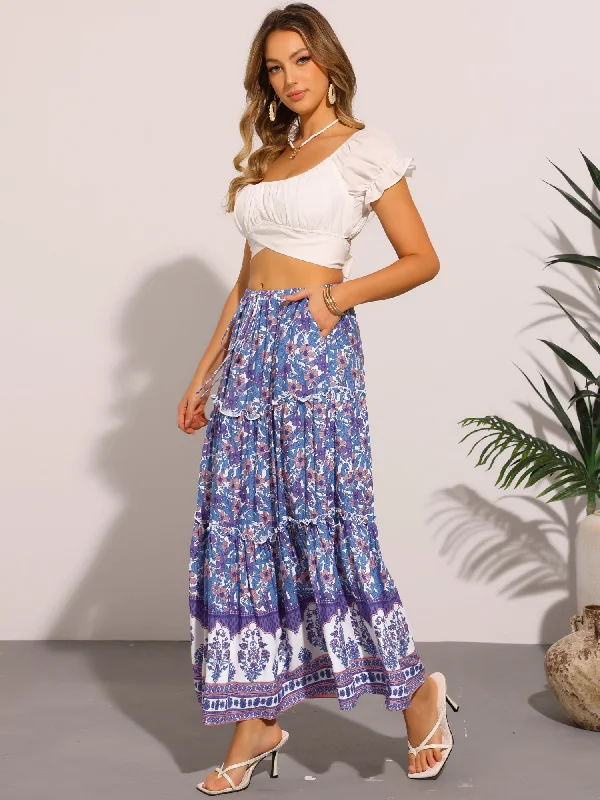 Floral Boho Ruffled Tiered Pocketed Maxi Skirt velvet skirt luxurious