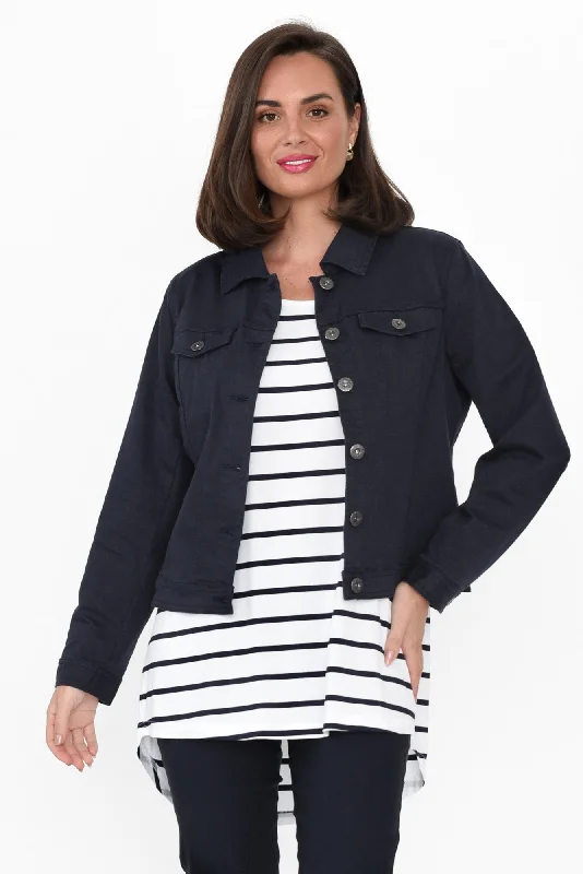 Danielle Navy Stretch Jean Jacket Notch Collar Peter Pan Collar Cowl Neck