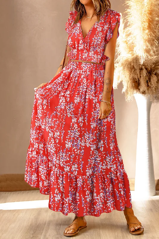Blue Zone Planet |  Fiery Red Multicolor Floral Ruffled Crop Top and Maxi Skirt Set Modern Contemporary Chic