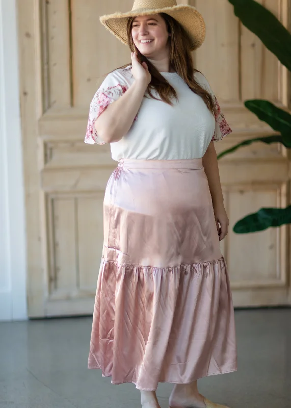 Blush Satin Tiered Midi Skirt - FINAL SALE belted skirt waist