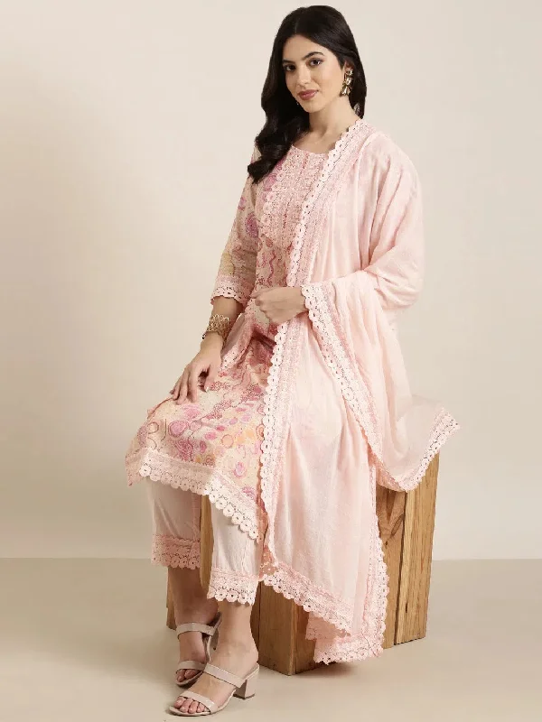 Women Straight Peach Floral Kurta and Trousers Set Comes With Dupatta-UB-2872-Peach Trousers cozy soft Women Straight Peach Floral Kurta and Trousers Set Comes With Dupatta-UB-2872-Peach Trousers cozy soft