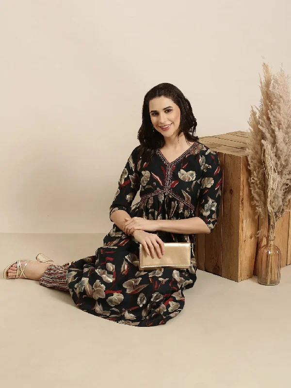 Women Anarkali Black Floral Kurta and Trousers Set-SKC-052599-Black Trousers fashionable trendy Women Anarkali Black Floral Kurta and Trousers Set-SKC-052599-Black Trousers fashionable trendy
