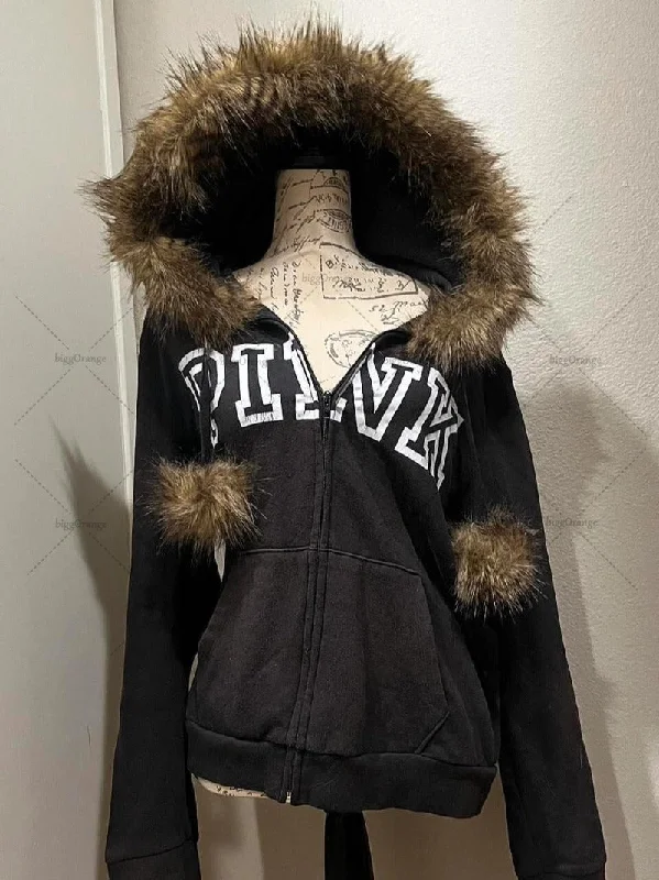 Advbridge Harajuku Y2K Streetwear Jacket High Street Retro Fur Collar Zipper Hoodie Women Gothic Punk Letter Print Oversized Sweatshirt Knit Jacket Woven Jacket Fleece Jacket Advbridge Harajuku Y2K Streetwear Jacket High Street Retro Fur Collar Zipper Hoodie Women Gothic Punk Letter Print Oversized Sweatshirt Knit Jacket Woven Jacket Fleece Jacket