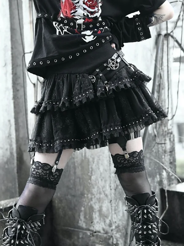 Gothic Lolita Tiered Ruffle Mini Skirt with Floral Lace and Studded Trim cashmere skirt rich