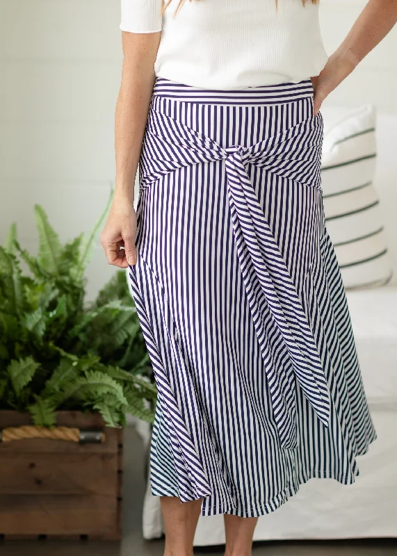 Navy Front Tie Stripe Midi Skirt - FINAL SALE linen skirt breathable