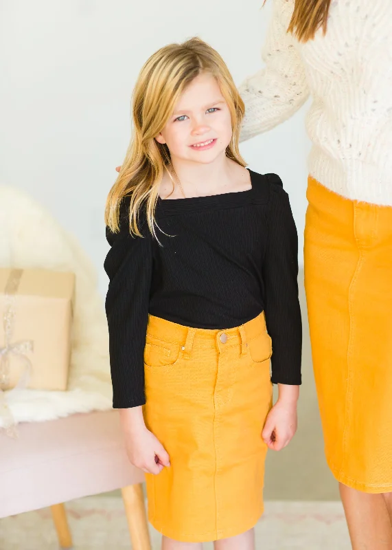 Girls Mustard Stretch Waist Denim Skirt - FINAL SALE ruffled skirt detail