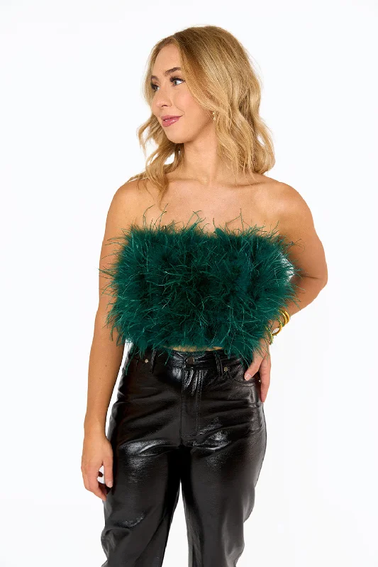 Fancy Strapless Feather Crop Top - Emerald Satin Fabric Silk Fabric Chiffon Fabric