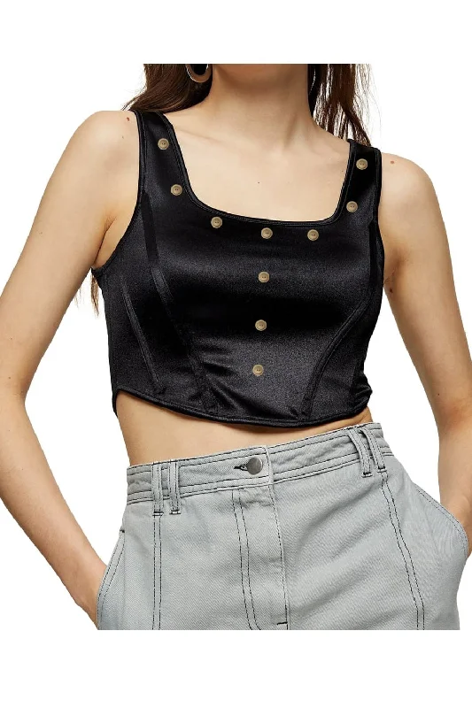 Heyo Black Crop Top Lace Blend Ribbed Blend Corduroy Blend
