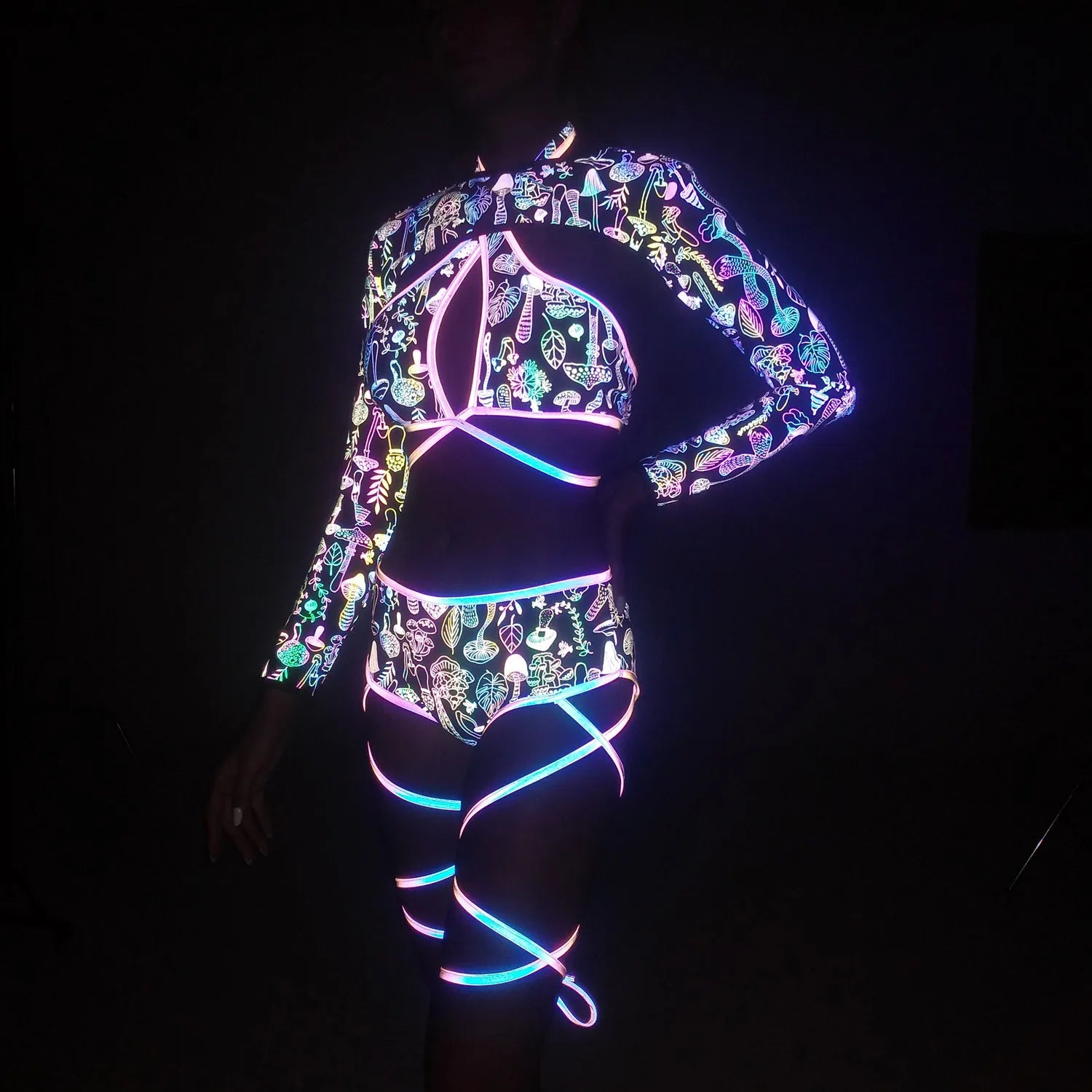 UV glowing Reflective Outfit Set Bandage Shorts+Bra+Crop Top Techwear Clothing club festival Nylon Fabric Polyester Fabric Spandex Fabric