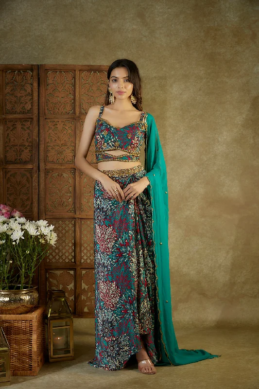 Green Printed Choli, Draped Skirt And Dupatta Set silk skirt smooth