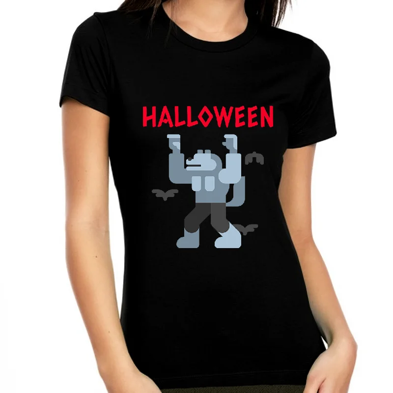 Big Bad Wolf Halloween Shirts for Women Wolf Shirt Womens Halloween Shirts Halloween Clothes for Women Graphic T-Shirt Round Neck Polyester