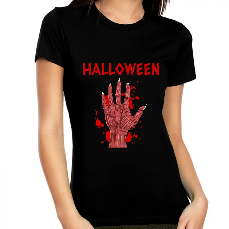 Bloody Hand Halloween Tshirts Women Scary Zombie Halloween Shirts for Women Halloween Gift for Her Satin Blend Silk Blend Wool Blend
