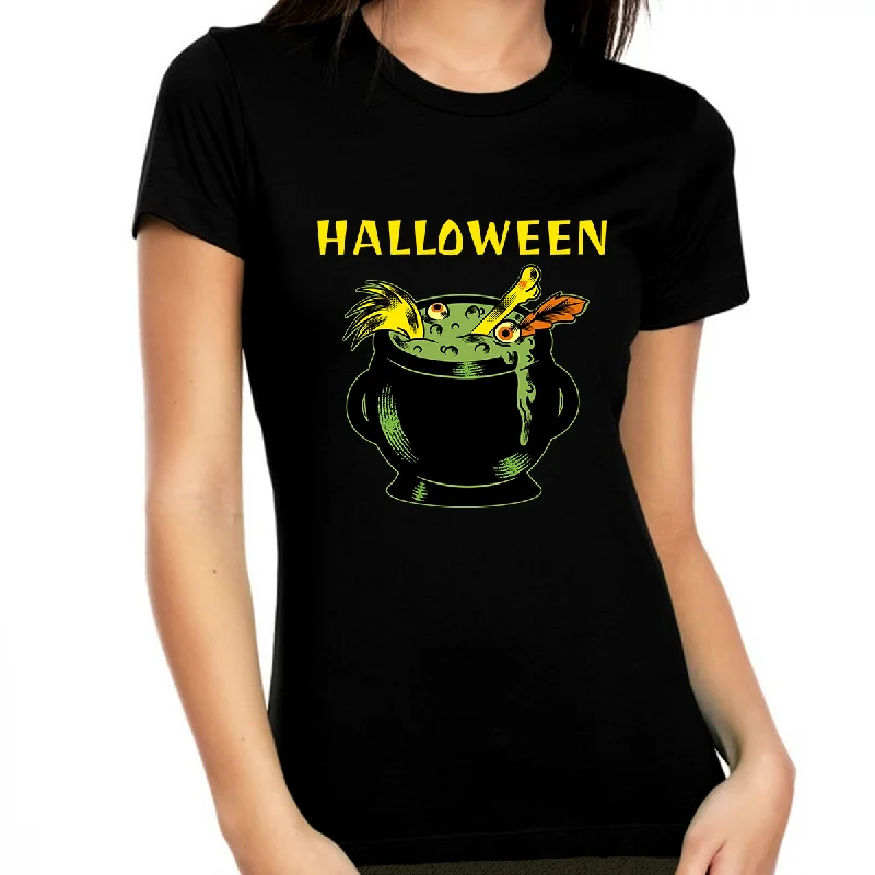 Boiling Pot Halloween Tops for Women Witch Shirts Halloween Shirts for Women Halloween Tops for Women Collared T-Shirt Boat Neck A-Line