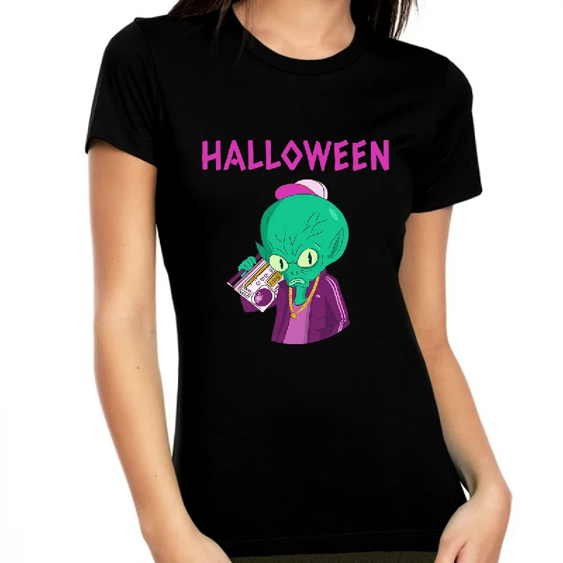 Boombox Alien Halloween Shirt Women Funny Alien Halloween Tshirts Women Halloween Costumes for Women Beaded Sequined Faux Fur