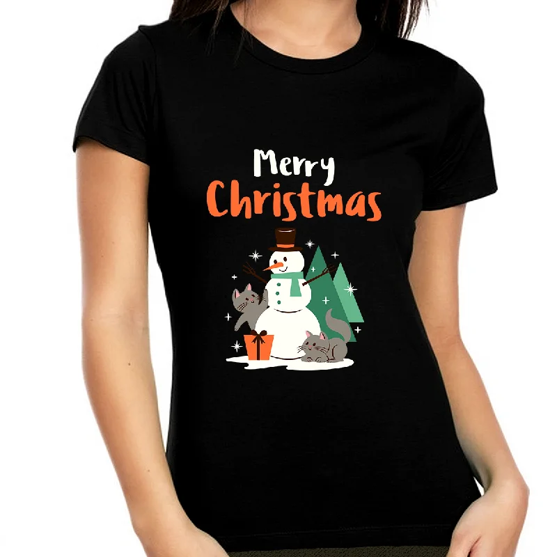 Cute Snowman Friends Christmas T Shirts for Women Christmas PJs Womens Funny Christmas Shirt Christmas Gift Seamless Knitted Crochet