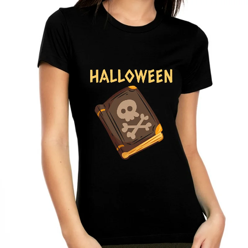 Evil Spell Book Halloween Shirts for Women Skull Evil Halloween Tshirts Women Halloween Costumes for Women Spandex Blend Rayon Blend Denim Blend