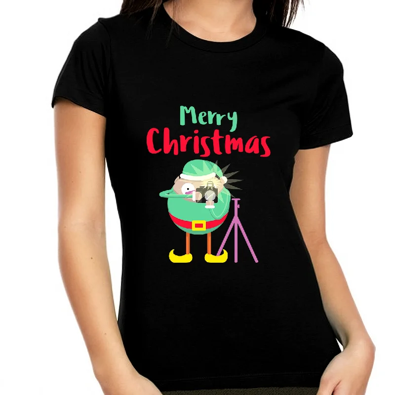 Funny Elf Christmas Gift Funny Christmas TShirts for Women Christmas T-Shirt Womens Christmas Shirt Mesh Canvas Denim
