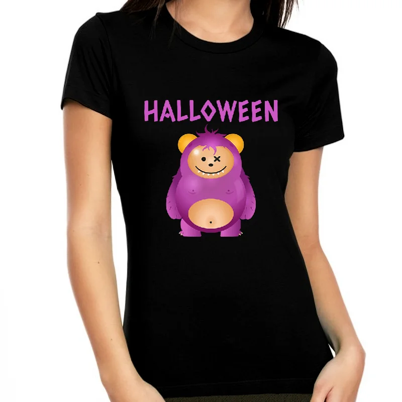 Funny Halloween Shirts for Women Gifts Purple Monster Halloween Tshirts Women Halloween Tops for Women Iron Safe Non-Iron Wrinkle Free