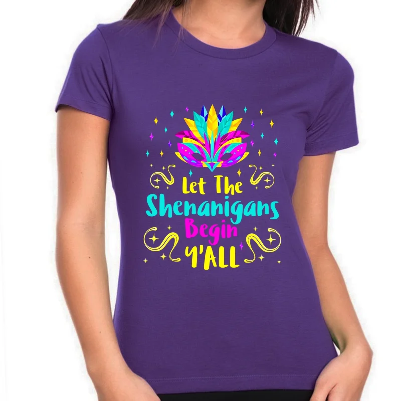 Funny Mardi Gras Shirts for Women Mardi Gras Outfit for Women Let The Shenanigans Begin Yall Shirt NOLA Spandex Blend Rayon Blend Denim Blend