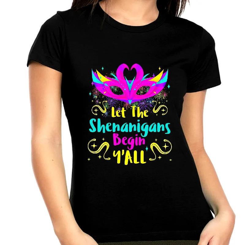 Funny Mardi Gras Shirts for Women Plus Size Let The Shenanigans Begin Yall Cute Mardi Gras Outfit for Women Knit Fabric Woven Fabric Fleece Fabric