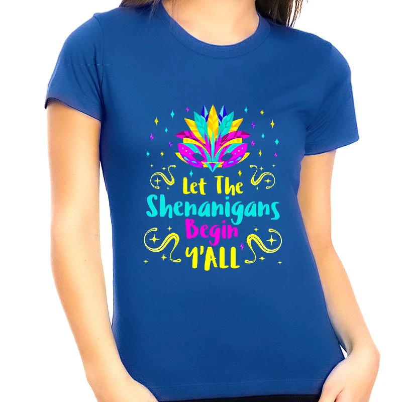 Funny Mardi Gras Shirts for Women Plus Size Mardi Gras Outfit for Women Let The Shenanigans Begin Yall Nylon Fabric Polyester Fabric Spandex Fabric