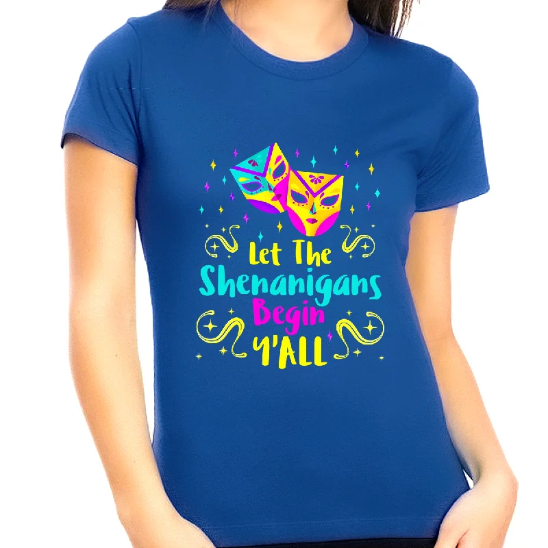 Funny Plus Size Mardi Gras Shirts for Women Let The Shenanigans Begin Yall Plus Size Mardi Gras Outfit Fleece Fabric Down Fabric Feather Fabric