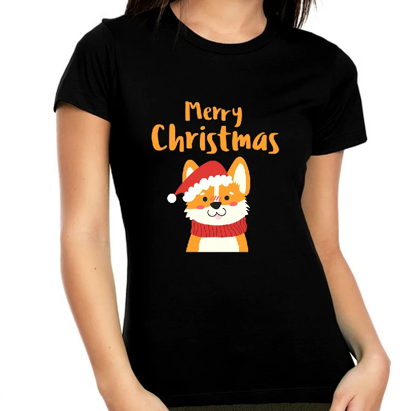 Funny Santa Dog Christmas Shirt Funny Christmas Shirts for Women Funny Christmas T-Shirt Christmas Gifts Real Fur Shearling Chenille