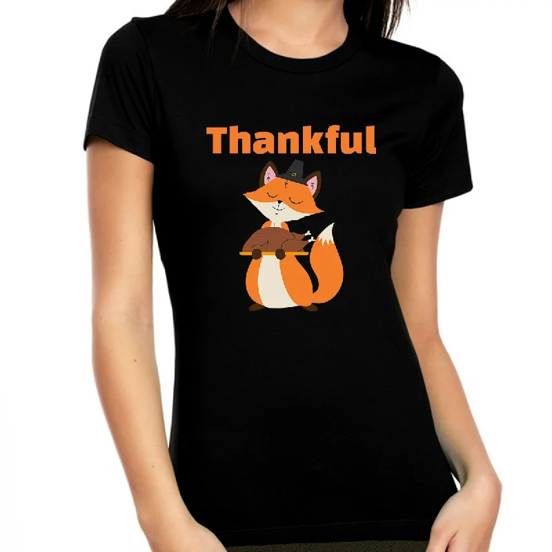 Funny Thanksgiving Shirt Thankful Shirts for Women Fall Shirt Thanksgiving Outfits for Women Cute Fox Shirt Print Jacquard Patchwork