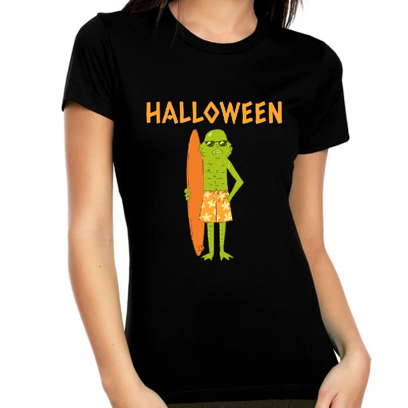 Monster Surfer Funny Halloween T Shirts for Women Halloween Shirts for Women Halloween Tops for Women Graphic Embroidered Appliqued