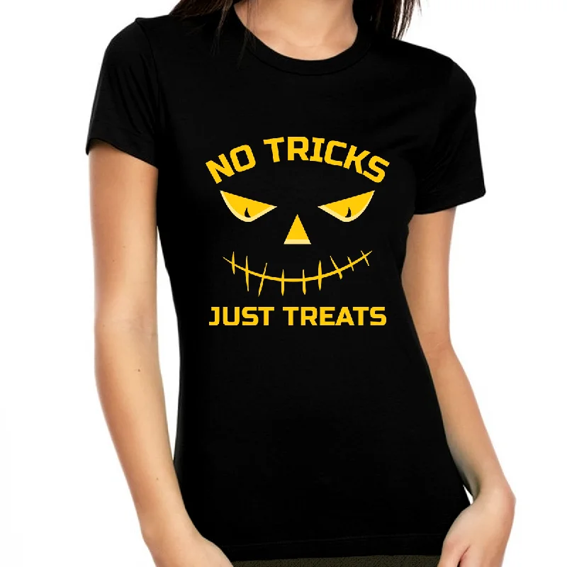 No Tricks Just Treats Halloween Shirt WomenWomens Funny Halloween Tshirts Women Halloween Clothes for Women Collared Crew Neck Turtle Neck