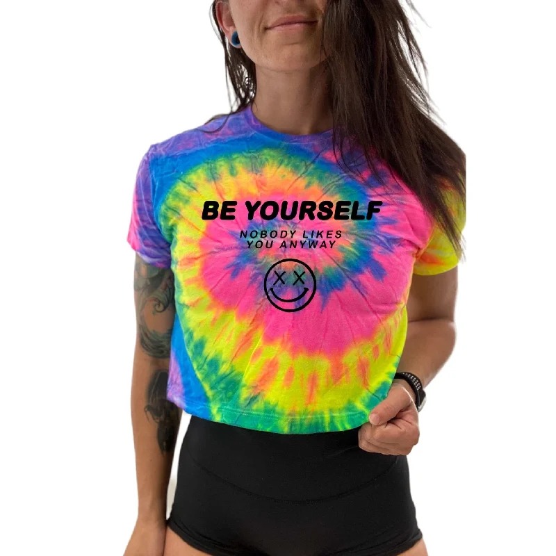 Salty Savage Ladies “Be Yourself” Spiral Tie Dye Crop Tee | In Your Face | Neon Tie Dye/Black Chenille Brocade Lace Salty Savage Ladies “Be Yourself” Spiral Tie Dye Crop Tee | In Your Face | Neon Tie Dye/Black Chenille Brocade Lace
