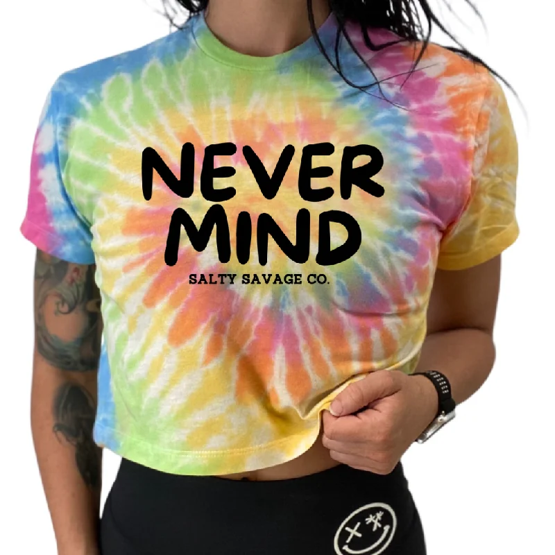 Salty Savage Ladies "NEVERMIND" Spiral Tie Dye Crop Tee Fleece Fabric Down Fabric Feather Fabric
