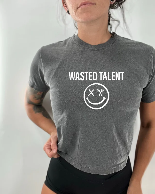 Salty Savage Ladies "Wasted Talent" Mineral Washed Crop Tee Mesh Canvas Denim