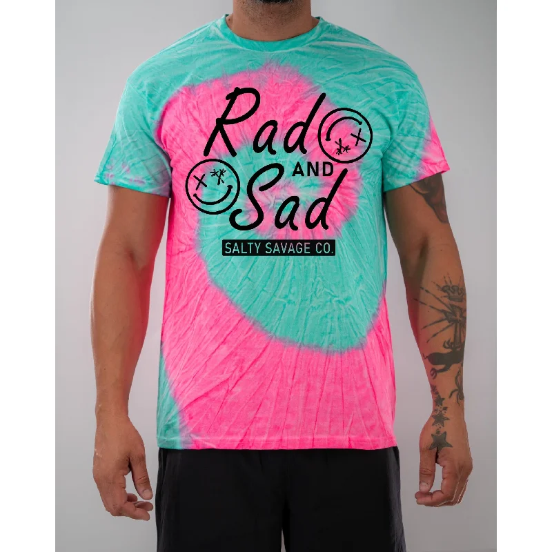 Salty Savage Unisex "RAD AND SAD" Spiral Tie Dye Tee Welt Pockets Slit Pockets